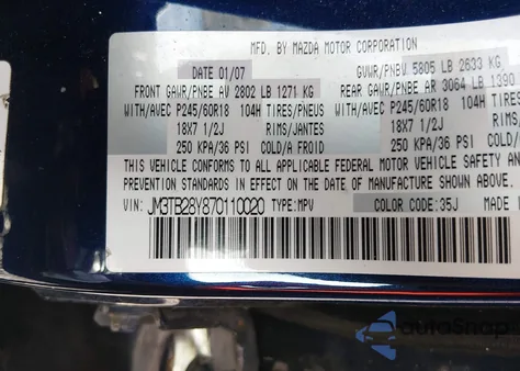 2007 Mazda Cx-9 Sport z USA, uszkodzony, nr VIN JM3TB28Y870110020